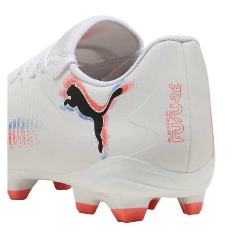 A white Puma Future soccer cleat shown from a rear angle, featuring a black cat logo with red and blue graphic accents, orange studs, and "PLAY FREE FUTURE" text on the heel.