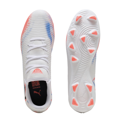 Top and bottom views of white Puma soccer cleats with red and blue accents and bright pink studs on the sole.