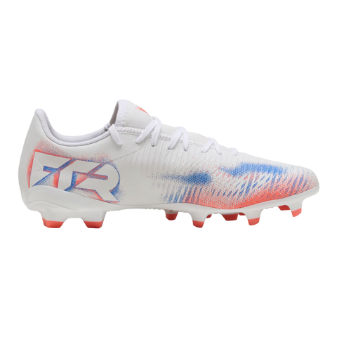 Profile of a white soccer cleat with blue and coral accents. Features "FTR" on the heel and coral studs, set against a black background.