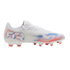 Profile of a white soccer cleat with blue and coral accents. Features "FTR" on the heel and coral studs, set against a black background.