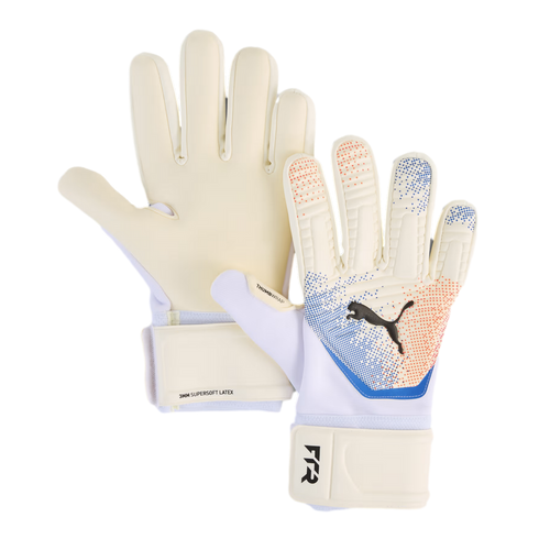 A pair of Puma goalkeeper gloves with white palms and a backhand featuring orange and blue dot patterns and the black Puma cat logo.