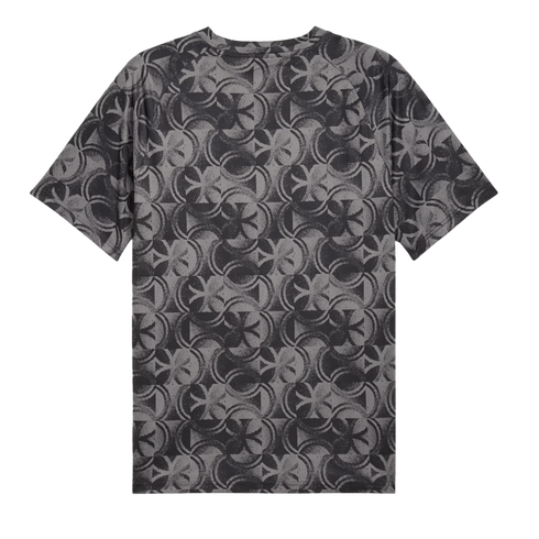 The back view of a dark grey and black T-shirt with a repeating, interlocking geometric floral and circular pattern across its entirety, presented on a solid black background.