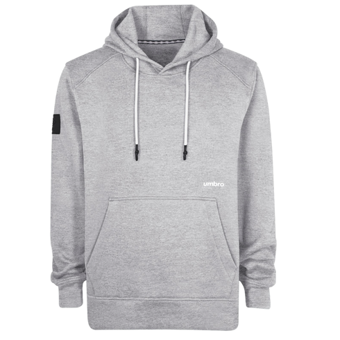 A heather grey Umbro hoodie with white drawstrings and a front kangaroo pocket.