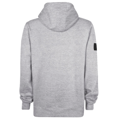 Back view of a light grey heathered hoodie on a black background. Features a hood, ribbed cuffs and hem, and a small black patch on the right sleeve.