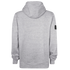 Back view of a light grey heathered hoodie on a black background. Features a hood, ribbed cuffs and hem, and a small black patch on the right sleeve.
