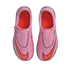 Top-down view of a pair of pink Nike Mercurial soccer cleats with bright orange accents on a black background.
