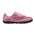 A pink Nike Mercurial turf soccer shoe with a velcro strap and orange swoosh, set against a black background.