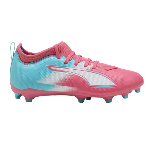 A vibrant pink and blue Puma soccer cleat with a white side logo and blue studs, shown against a solid black background.