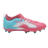 A vibrant pink and blue Puma soccer cleat with a white side logo and blue studs, shown against a solid black background.