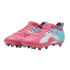A pair of pink and light blue Puma soccer cleats with white accents, shown against a solid black background.