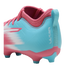 Side and rear view of a cyan and pink soccer cleat featuring a textured upper, pink collar, and the word "ULTRA" on the heel.