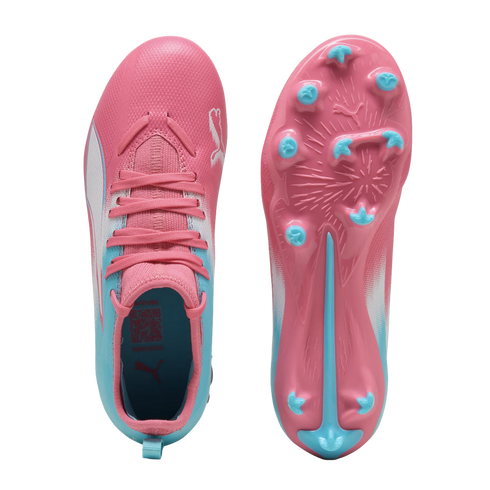 A top-down and bottom-up view of a pink and light blue Puma soccer cleat with light blue studs against a black background.