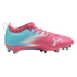 Side profile of a pink and light blue Puma soccer cleat with a brushstroke-like color transition and a white logo, set against a solid black background.