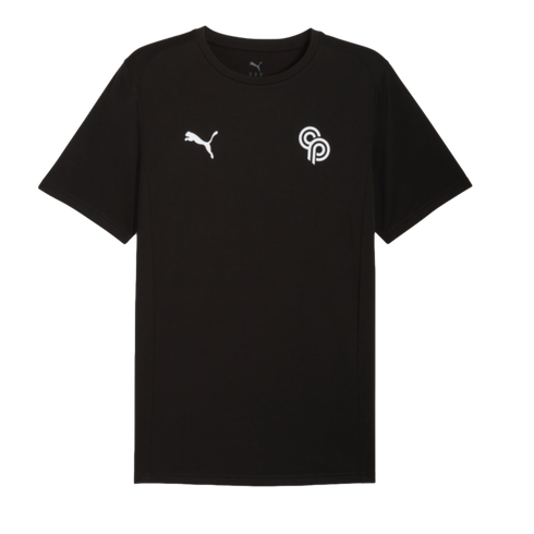 Black short-sleeved Puma t-shirt featuring a white Puma cat logo on the right chest and a white circular "CP" logo on the left chest, against a black background.
