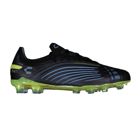 A black soccer cleat featuring light blue curved stripes on the side and a translucent neon yellow sole and studs.
