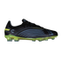 A black soccer cleat featuring light blue curved stripes on the side and a translucent neon yellow sole and studs.