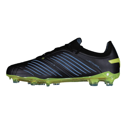 Profile view of a black soccer cleat featuring blue diagonal ridges, a translucent lime green sole with studs, and "STINGR" printed on the side.