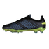 Profile view of a black soccer cleat featuring blue diagonal ridges, a translucent lime green sole with studs, and "STINGR" printed on the side.