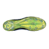 Bottom view of an iridescent lime green soccer cleat soleplate featuring blue chevron-shaped studs against a solid black background.