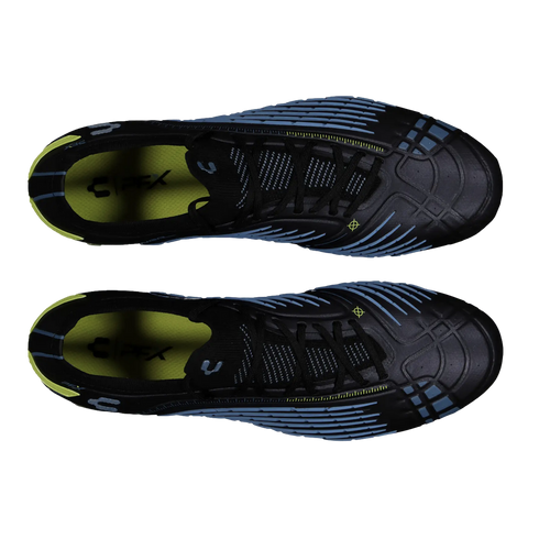 A top-down view of two black soccer cleats featuring blue ribbed patterns and lime green accents against a black background.
