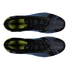 A top-down view of two black soccer cleats featuring blue ribbed patterns and lime green accents against a black background.