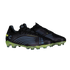 Pair of black soccer cleats with blue curved lines on the side and vibrant lime green studded soles.
