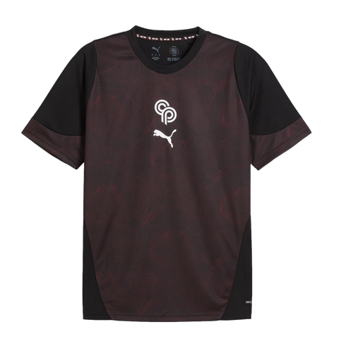 Dark red Puma jersey with a topographic print, black sleeves, and side panels. Centered white CP and Puma logos.