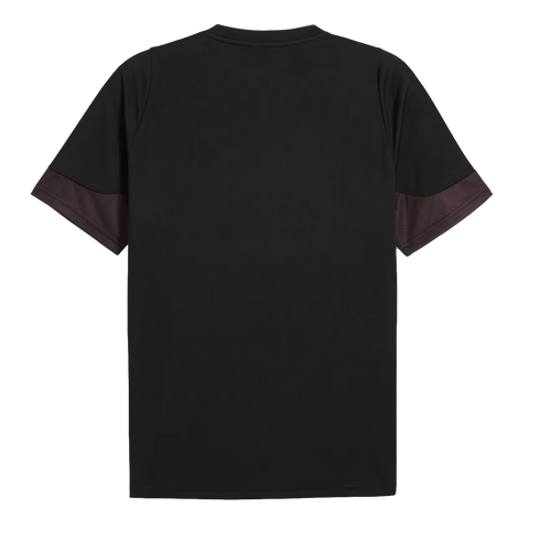 Back view of a black short-sleeved T-shirt featuring dark red patterned cuffs.