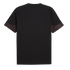 Back view of a black short-sleeved T-shirt featuring dark red patterned cuffs.