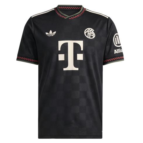 Front view of a black Adidas Bayern Munich soccer jersey featuring white logos, a retro club crest, and red and white checkered trim on the collar and sleeve cuffs.