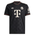 Front view of a black Adidas Bayern Munich soccer jersey featuring white logos, a retro club crest, and red and white checkered trim on the collar and sleeve cuffs.