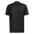 Back of a black sports jersey with a tonal checkered pattern. Features red and green trim on the sleeves and collar, and white "FCBM" lettering on the upper back.