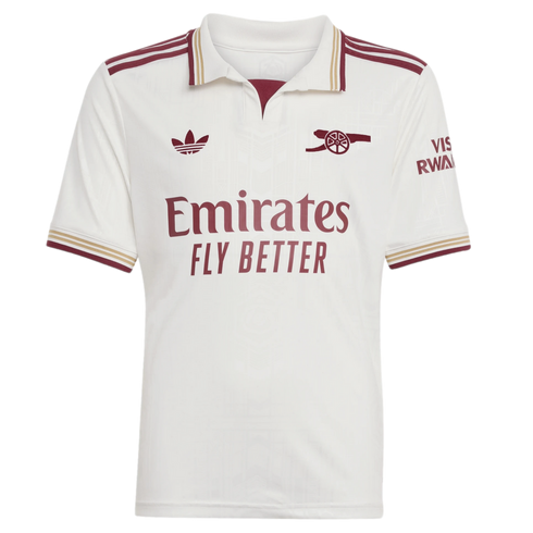 Arsenal 2024-25 third football jersey: off-white with maroon and gold trim, featuring the Adidas Trefoil, cannon crest, and "Emirates FLY BETTER" sponsor.