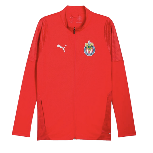 A red Puma full-zip jacket featuring the white Puma logo and the Club Deportivo Guadalajara (Chivas) team crest on the chest.