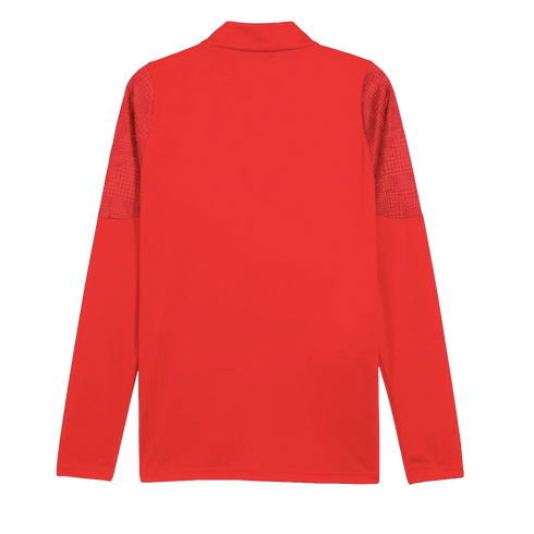 Back view of a red long-sleeved athletic shirt with textured shoulder panels and a standing collar, shown against a solid black background.