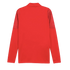 Back view of a red long-sleeved athletic shirt with textured shoulder panels and a standing collar, shown against a solid black background.