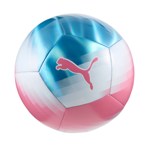 A Puma soccer ball with a metallic iridescent finish in light blue, white, and pink, featuring a pink Puma logo at the center.