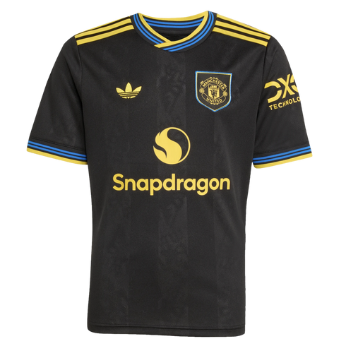 Manchester United black soccer jersey featuring gold Adidas Trefoil logo, club crest, and Snapdragon sponsor. The collar and sleeves have gold and blue striped trim.
