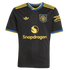 Manchester United black soccer jersey featuring gold Adidas Trefoil logo, club crest, and Snapdragon sponsor. The collar and sleeves have gold and blue striped trim.