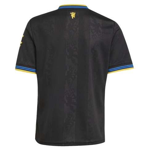 Back view of a black jersey featuring blue and yellow striped trim on the collar and sleeves, a subtle tonal vertical pattern, and a small yellow logo below the neck.