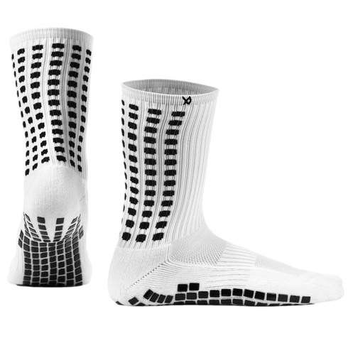 White athletic crew socks featuring black non-slip rectangular grip pads on the soles and back.
