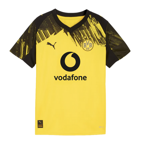 A yellow and black Puma Borussia Dortmund soccer jersey with a Vodafone sponsor logo and patterned sleeves.
