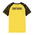 Back of a yellow Borussia Dortmund soccer jersey with black patterned sleeves and "DORTMUND" printed in bold black text.