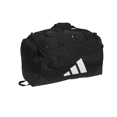 A black Adidas duffel bag featuring a large white three-stripe logo on the side, dual carry handles, and an adjustable shoulder strap.