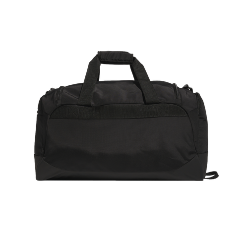 A black duffel bag with dual top handles, isolated against a black background.