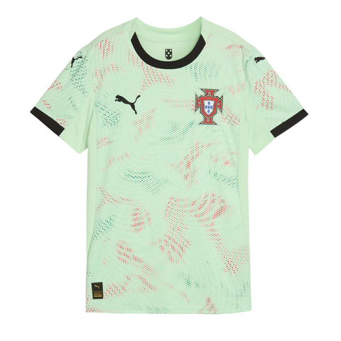 Light green Portugal national soccer jersey featuring a red and green dotted pattern, black collar and cuffs, the Puma logo, and team crest.