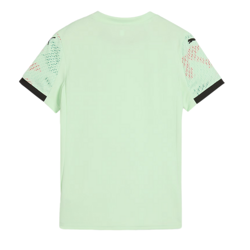 Back view of a pale green Puma short-sleeved t-shirt with patterned sleeves and black cuffs.