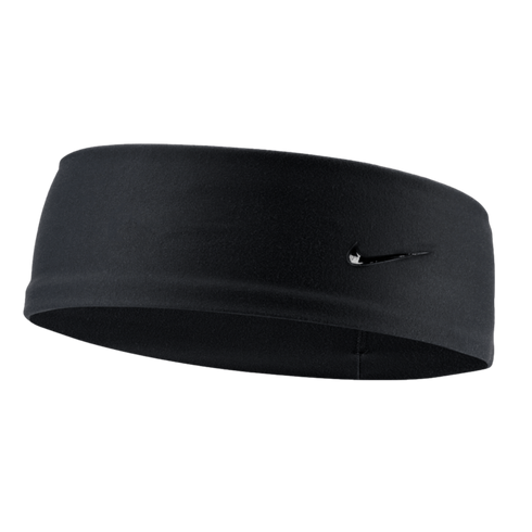 Black Nike fleece headband with a small, tonal Nike swoosh logo on the front right side, set against a black background.