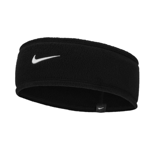 A black Nike fleece headband featuring a small white swoosh logo on the front and a tiny logo tag on the inner band.