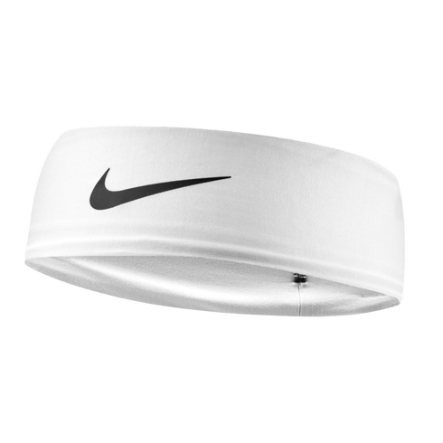 A white Nike headband with a black swoosh logo on the front, set against a solid black background.